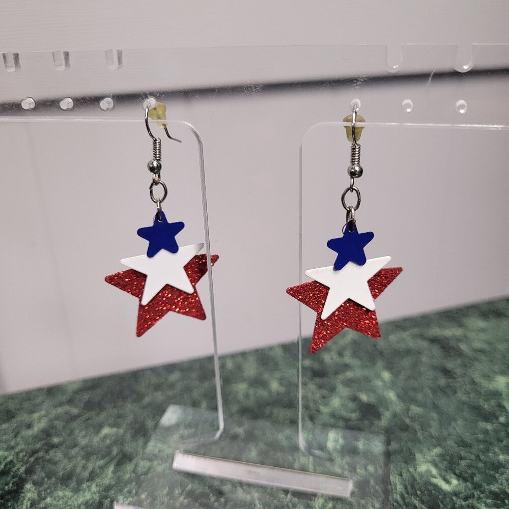 Patriotic Three Star Sparkle Dangle Earrings